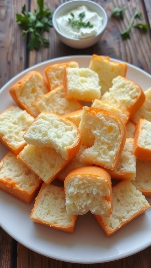 Fluffy cloud bread pieces on a plate, with cream cheese spread and herbs on a wooden table.